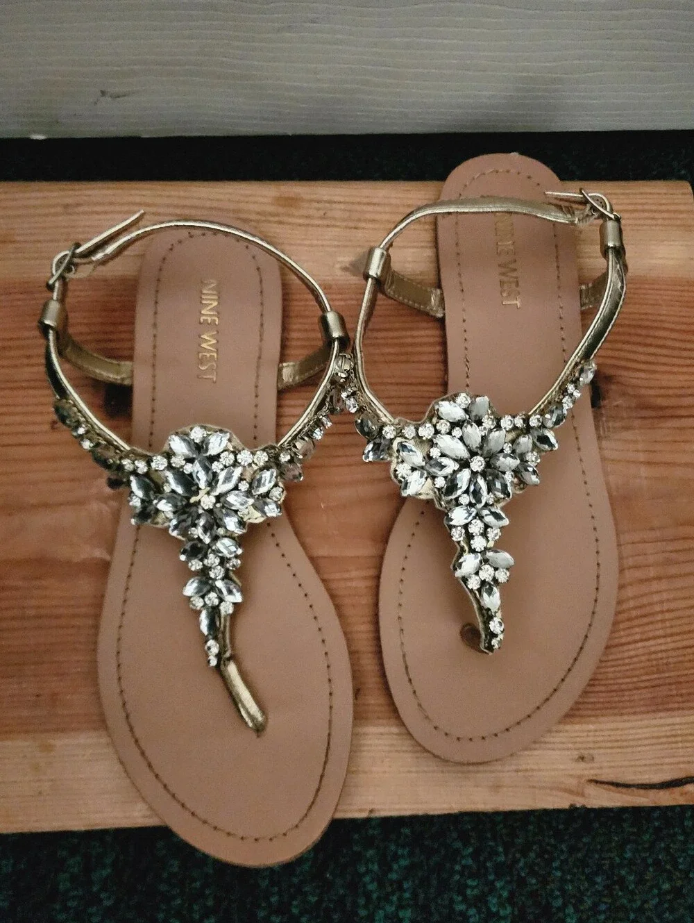 Embellished Gold T-Strap Sandals - Women